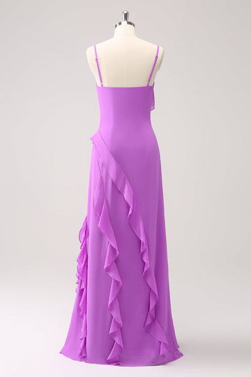 Tahiti Ruffle Spaghetti Stropper Chiffon Lang Brudepike Kjole Med Splitt